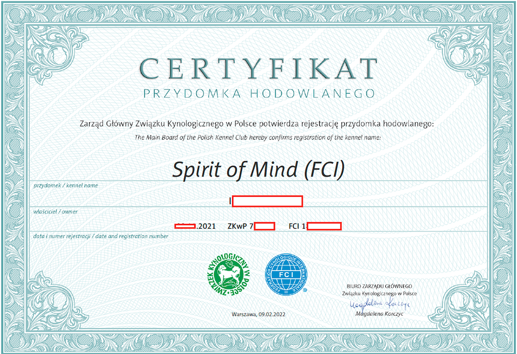 Certyfikat - przydomek hodowlany