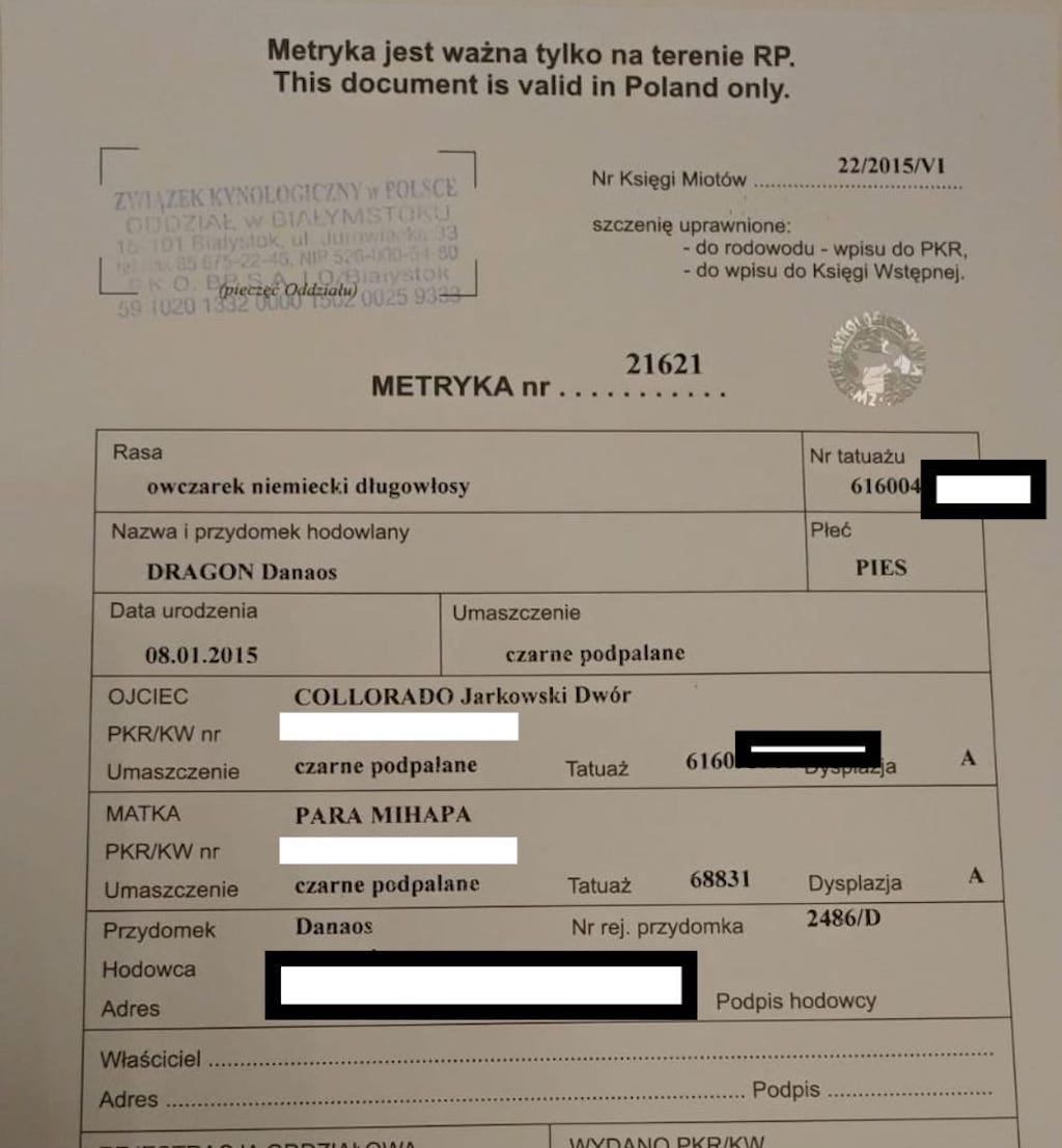 Metryka - psa rasowego